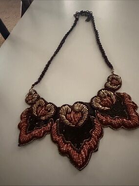 Beaded Floral Statement Necklace in Black and Brown